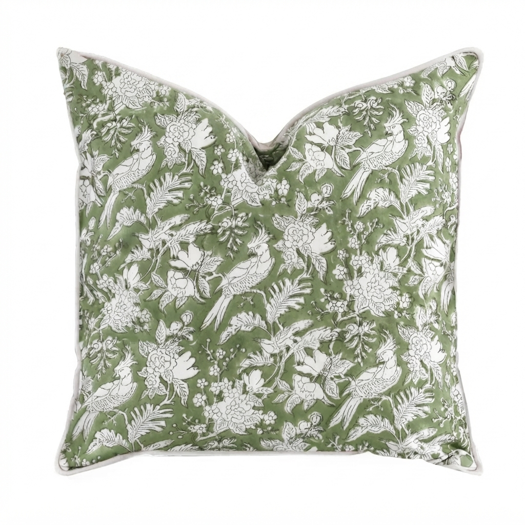 Green Parrot Block Print Pillow