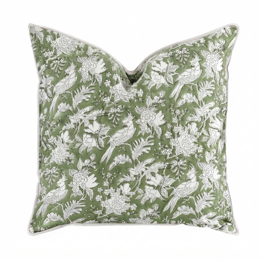 Green Parrot Block Print Pillow