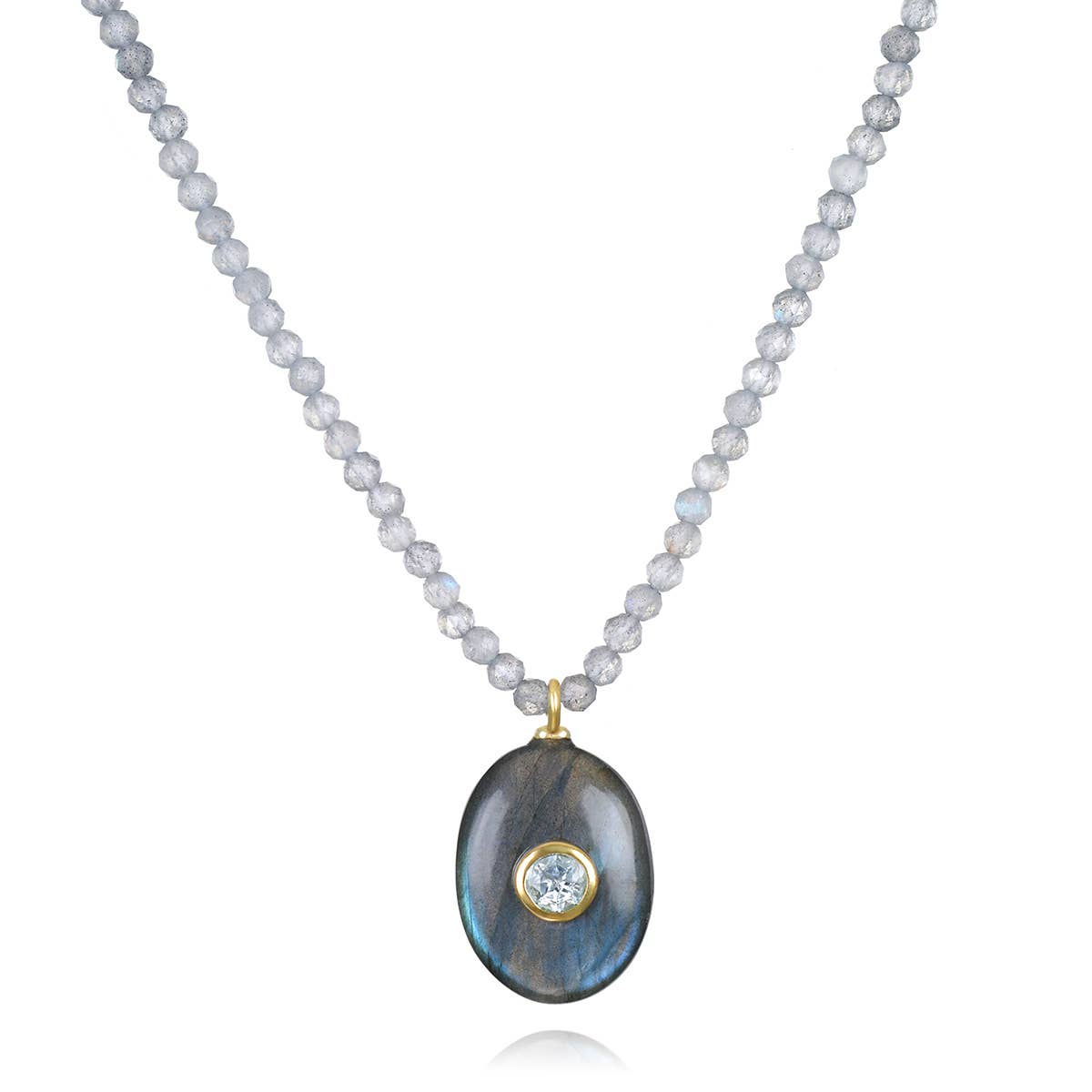 Necklace with a pendant featuring a blue stone and gold accent on a white background