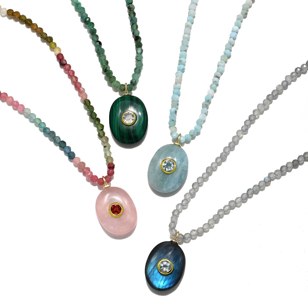 Four necklaces with colorful bead strands and various gemstone pendants on a white background