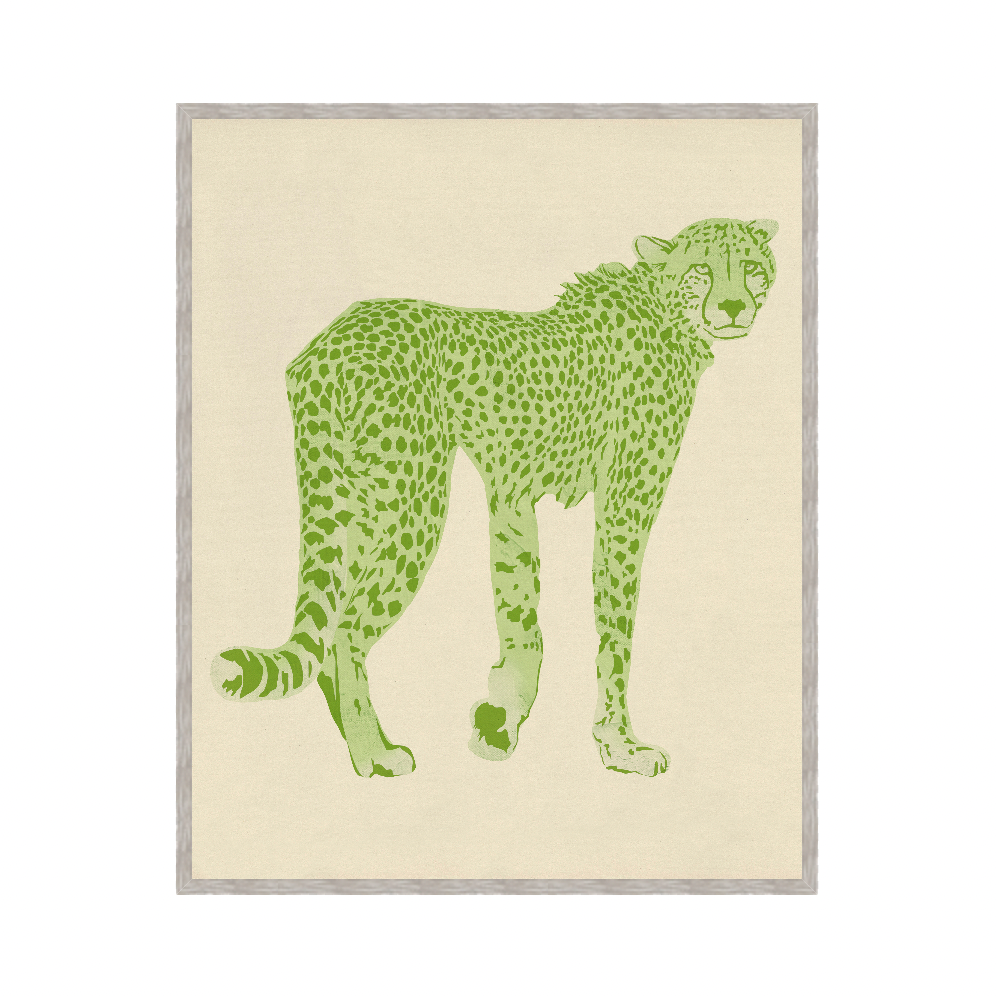 Framed artwork of a green cheetah on a beige background