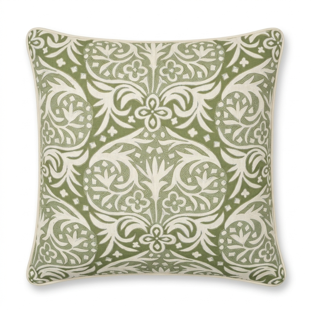 Decorative pillow with green and white pattern on a white background
