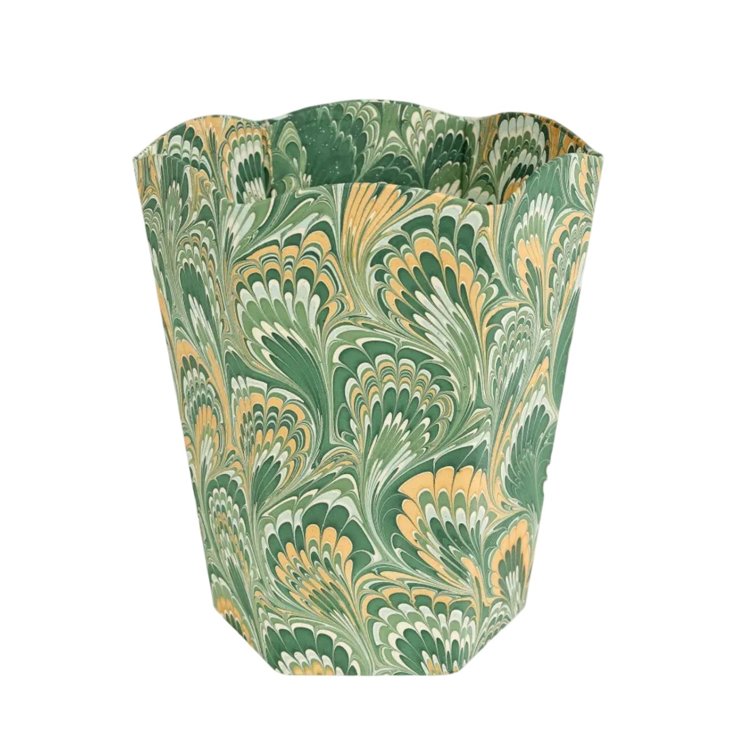 Decorative waste bin with green and gold marbled pattern on a white background