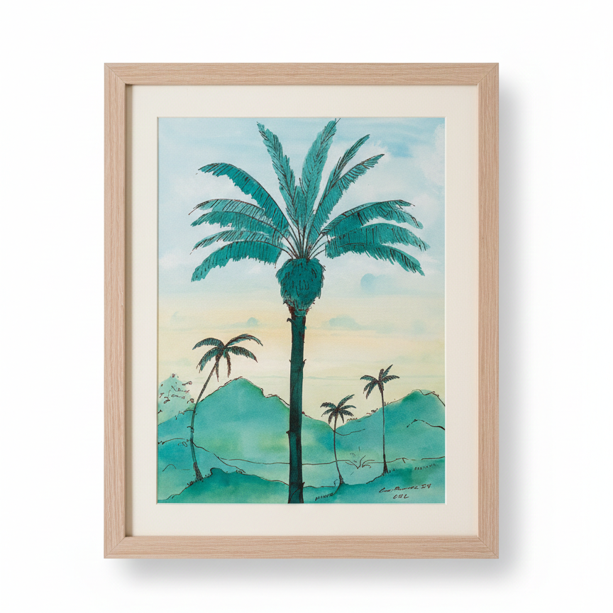 Framed artwork of a palm tree and mountains on a white background