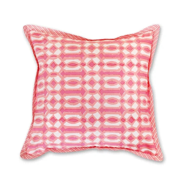 A square decorative throw pillow featuring a pink and white geometric ikat pattern with a matching pink and white striped border, shown against a plain white background.