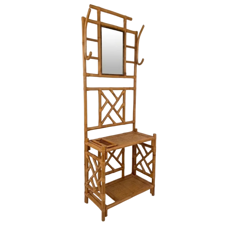 Wooden hall stand with mirror and hooks on a white background