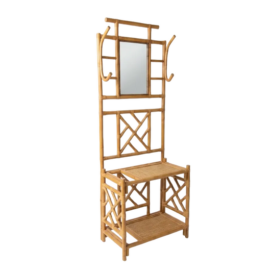 Wooden hall stand with mirror and shelves on a white background