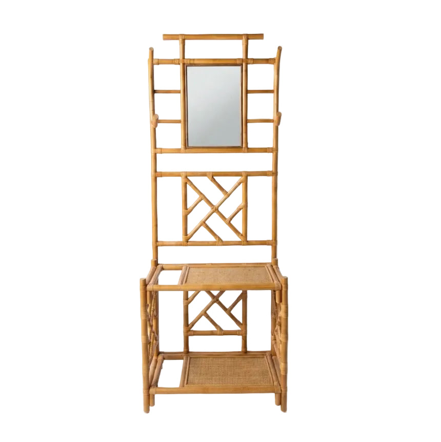Bamboo shelf with mirror on a white background