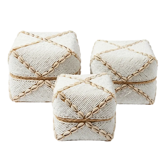 Beaded Box S/3- White/Shell