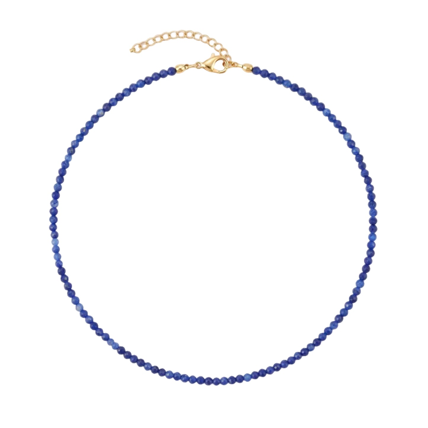 A beaded necklace made of small faceted blue beads with a gold-tone clasp and extender chain, photographed on a plain white background.