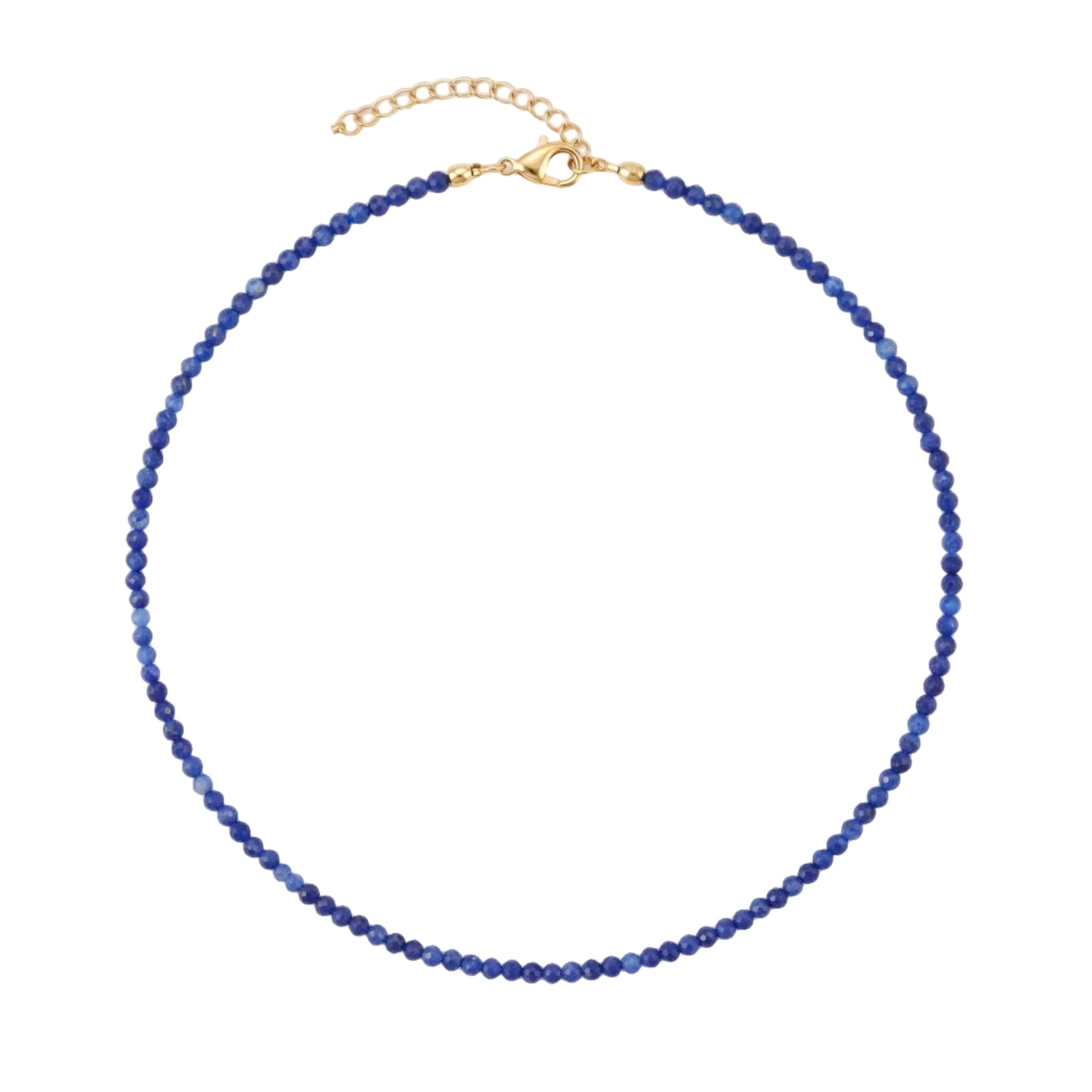 A beaded necklace made of small faceted blue beads with a gold-tone clasp and extender chain, photographed on a plain white background.