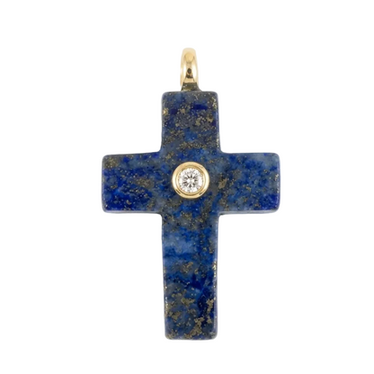 Blue cross pendant with gold accents on a white background