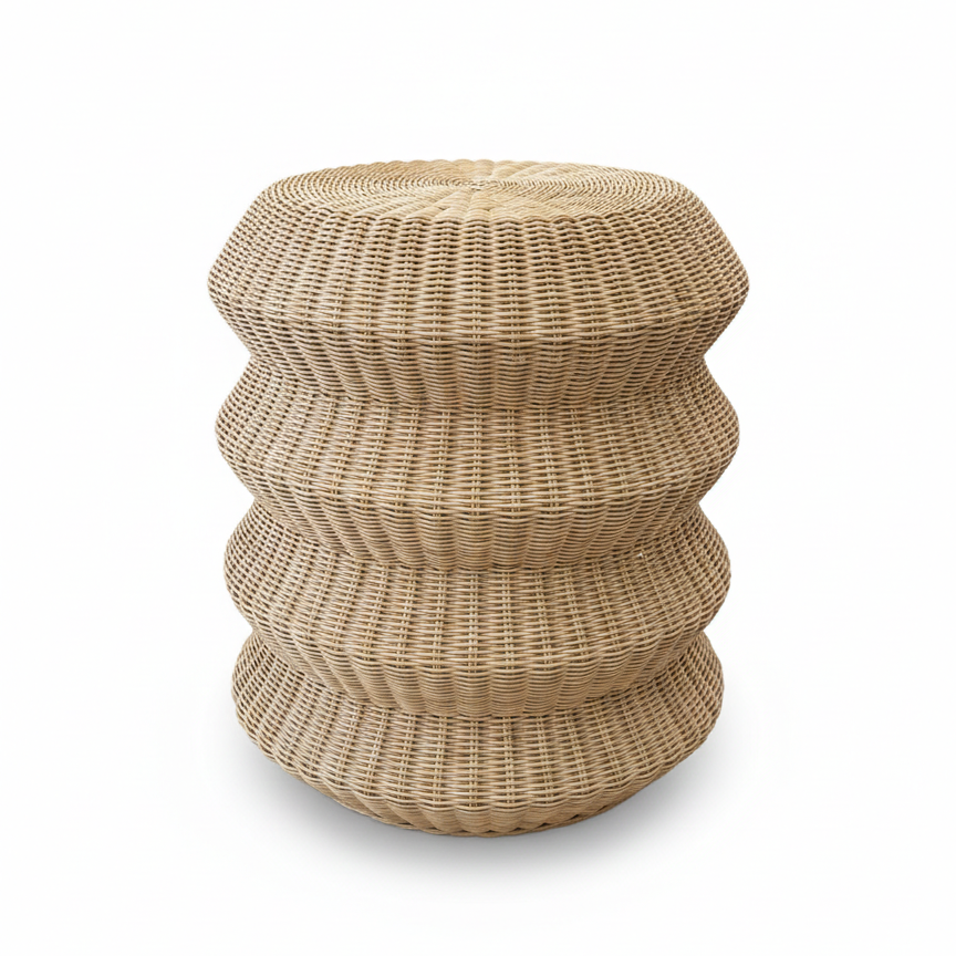 Woven stool with a ribbed texture on a white background