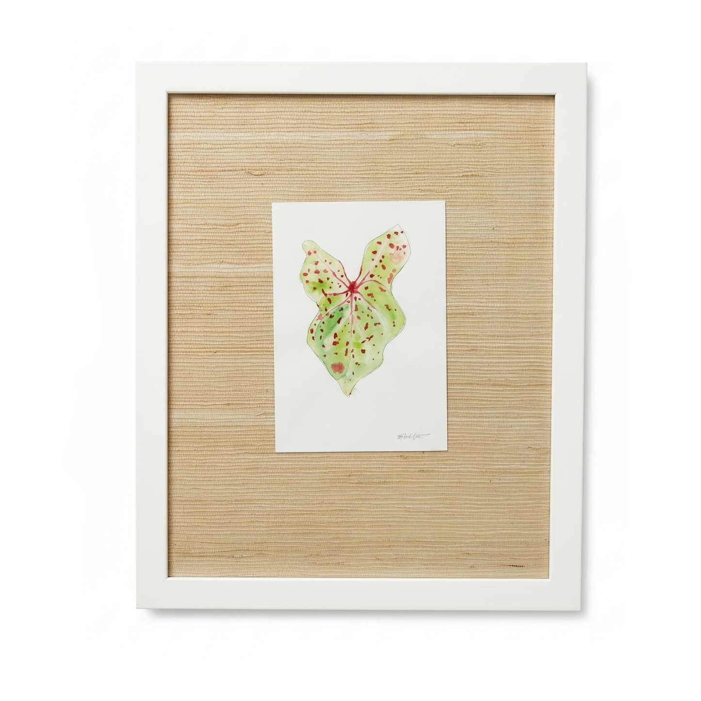 Framed artwork of a butterfly with a white border on a beige background