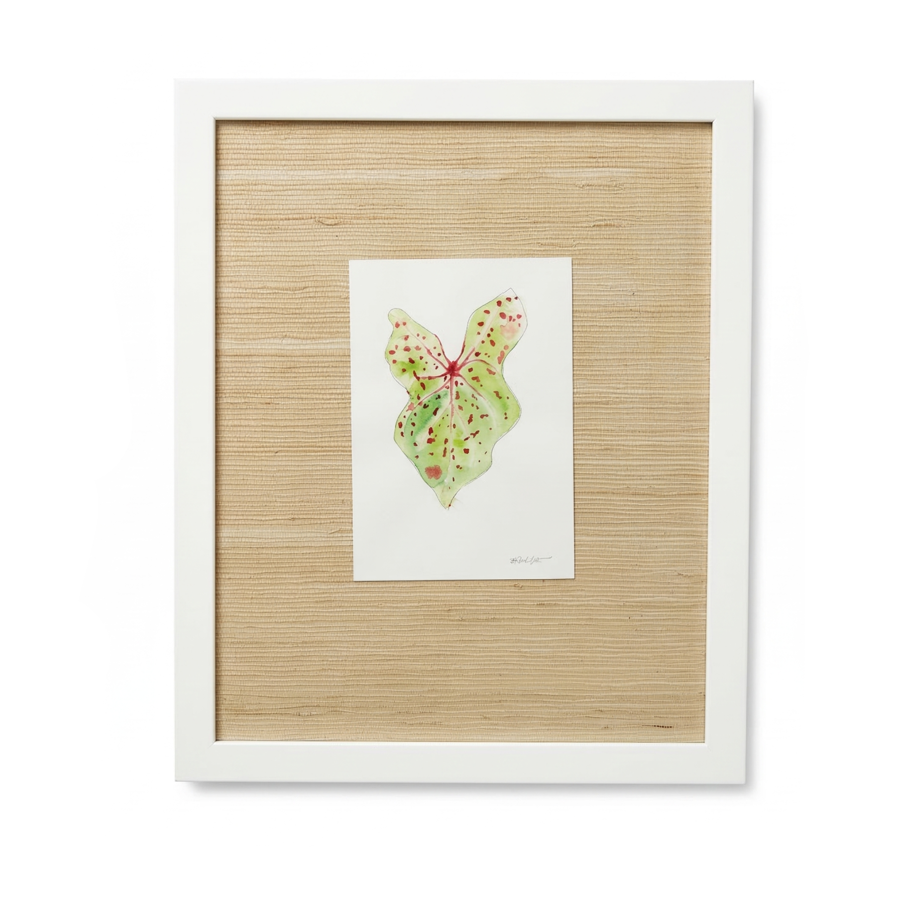 Framed artwork of a butterfly with a white border on a beige background
