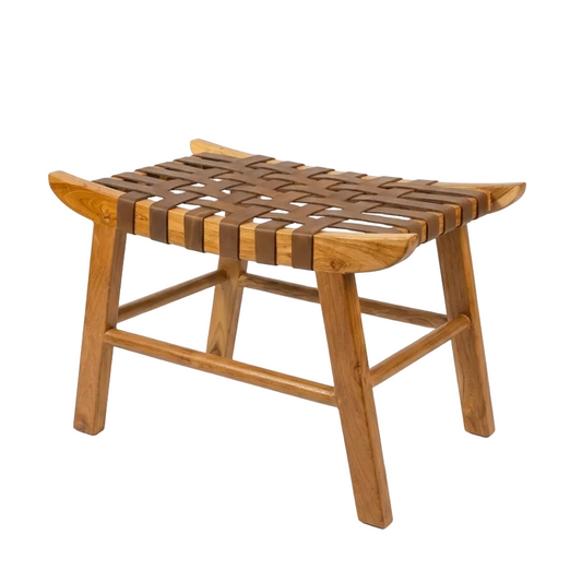 Wooden stool with woven seat on a white background