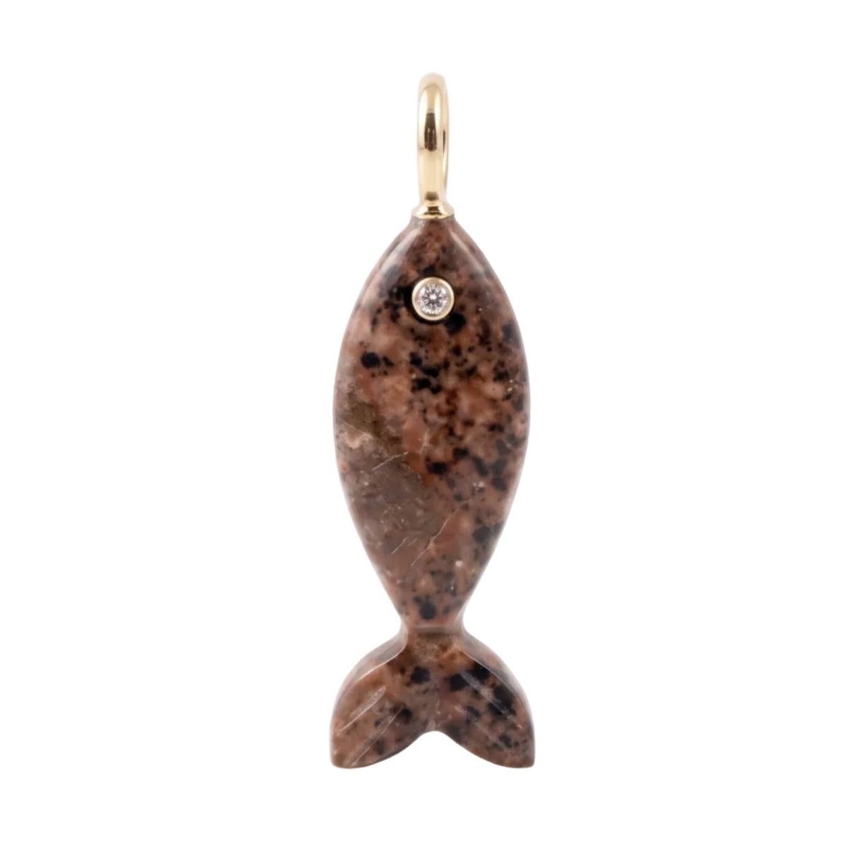 A small fish-shaped pendant with a brown and black marbled pattern, featuring a tiny clear gemstone for an eye and a gold bail at the top, set against a plain white background.
