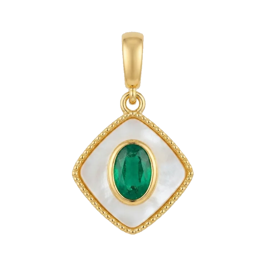 A gold pendant featuring a square white mother-of-pearl inlay, a central oval green emerald-cut gemstone, and a textured gold beaded border, shown on a clean white background.