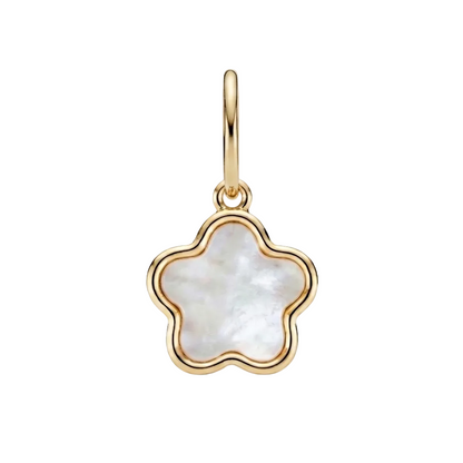A gold flower-shaped pendant charm featuring a white mother-of-pearl inlay, shown against a plain white background.