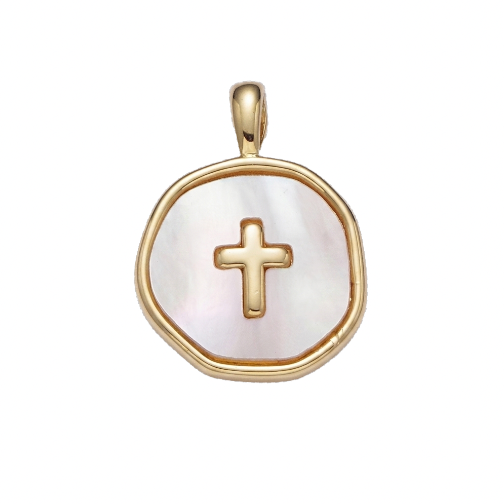 Gold pendant with a cross on a white background