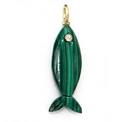 Fish-shaped jewelry pendants on a plain white background. 