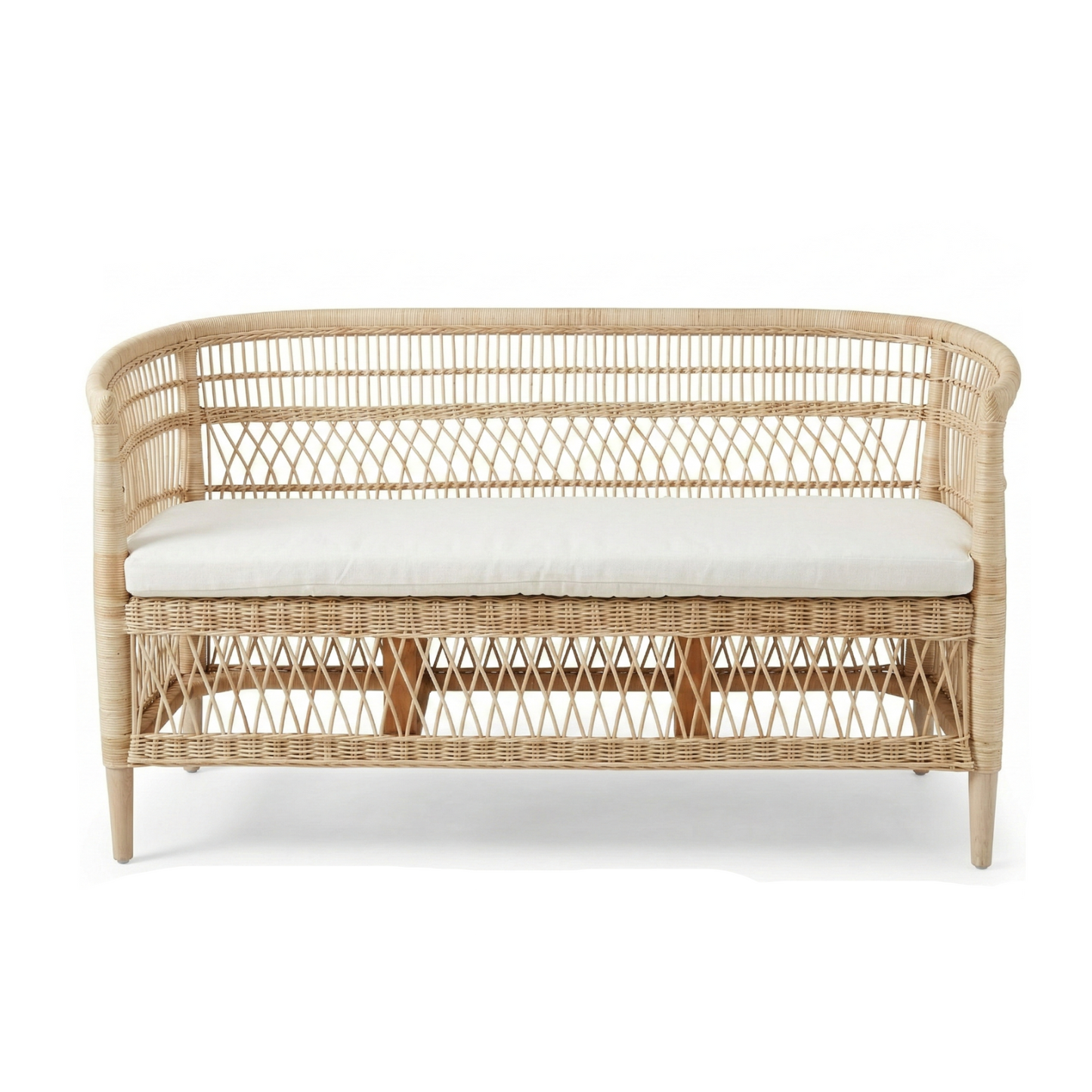 Wicker bench with white cushion on a white background