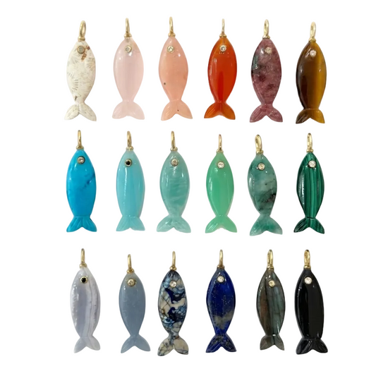 A set of 18 fish-shaped pendant charms made from polished gemstones. The pendants feature a gold-tone loop at the top and a small clear stone set in the center.