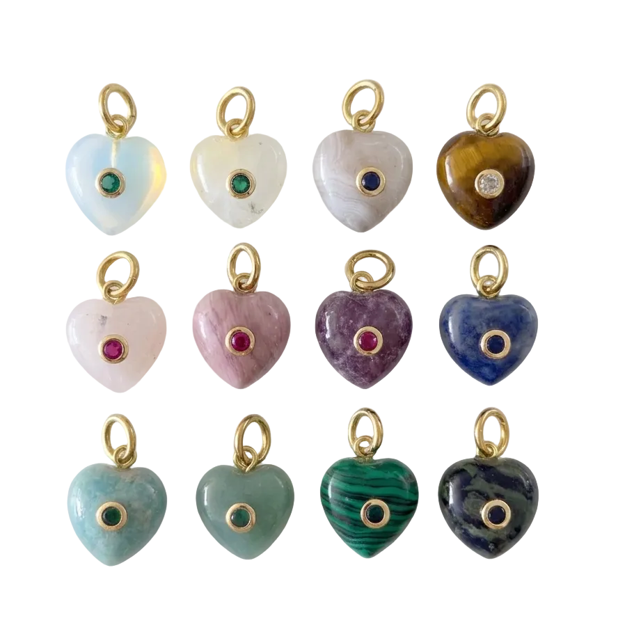 Mini Gemstone Heart Charms with stone inlay and gold