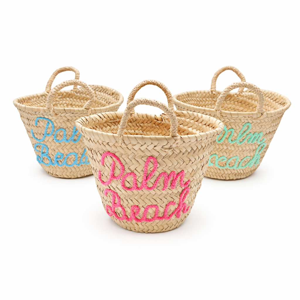 Three woven baskets with 'Palm Beach' text in different colors on a white background