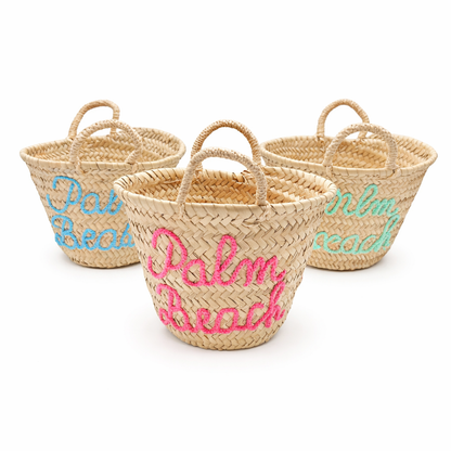 Three woven baskets with 'Palm Beach' text in different colors on a white background