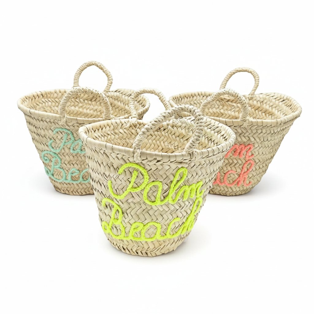 Set of three woven baskets with colorful text on a white background