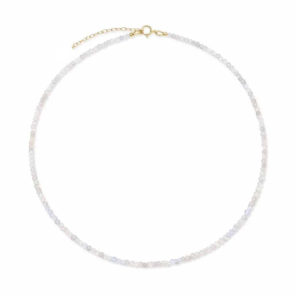 Moonstone Gemstone Necklace with white beads and gold clasp on a white background