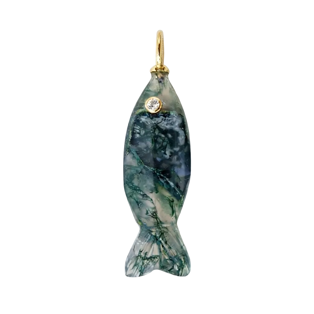 A fish-shaped pendant charm made of marbled green and blue stone with a small gold loop at the head and a clear stone in the eye, shown on a plain white background.