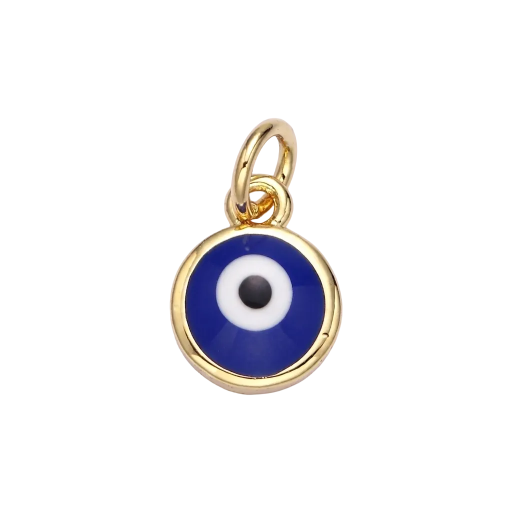 Gold pendant with a blue evil eye design on a white background
