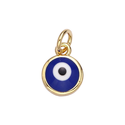 Gold pendant with a blue evil eye design on a white background