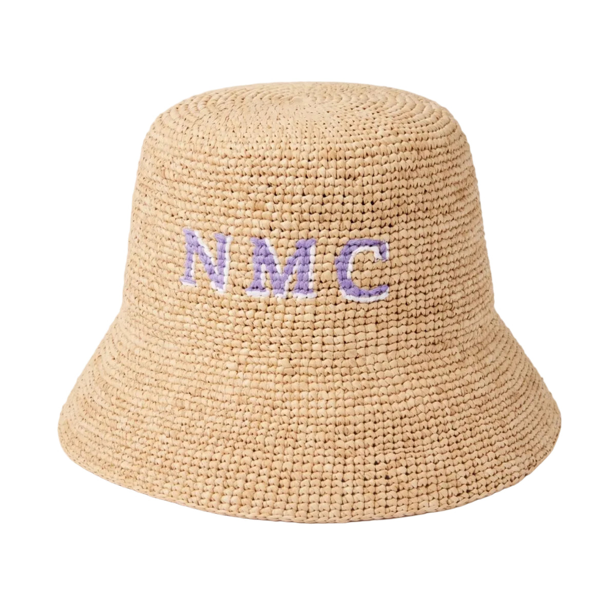 A natural beige woven straw bucket hat with the letters 'NMC' embroidered in purple on the front, set against a plain white background.