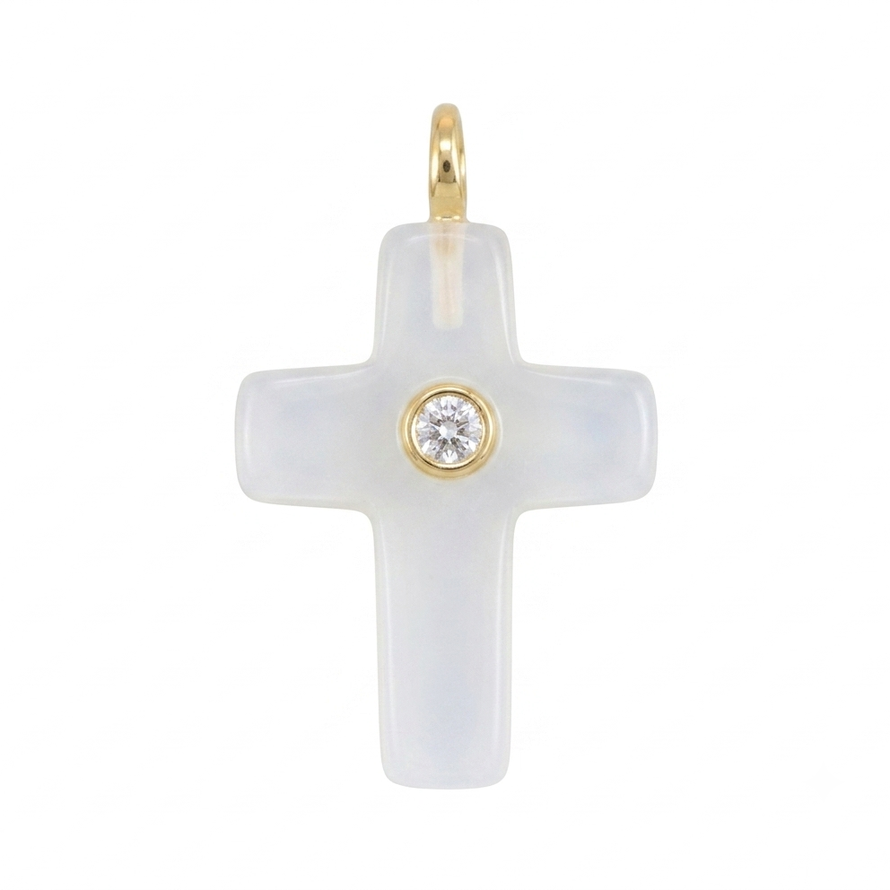 White cross pendant with gold accents on a white background