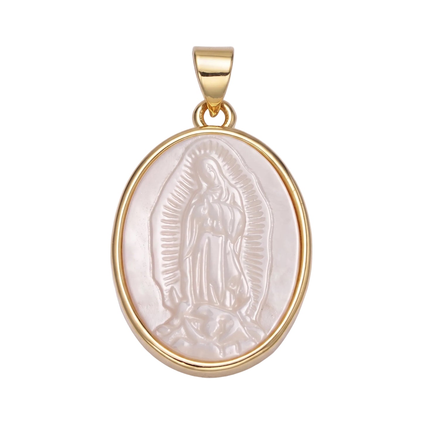 An oval pendant featuring a cream-colored mother-of-pearl depiction of Our Lady of Guadalupe, framed in polished yellow gold with a matching gold bail, set against a plain white background.