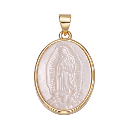 An oval pendant featuring a cream-colored mother-of-pearl depiction of Our Lady of Guadalupe, framed in polished yellow gold with a matching gold bail, set against a plain white background.