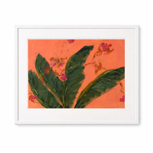 Framed artwork with green leaves and pink flowers on an orange background