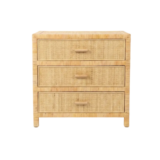 Bamboo dresser with three drawers on a white background