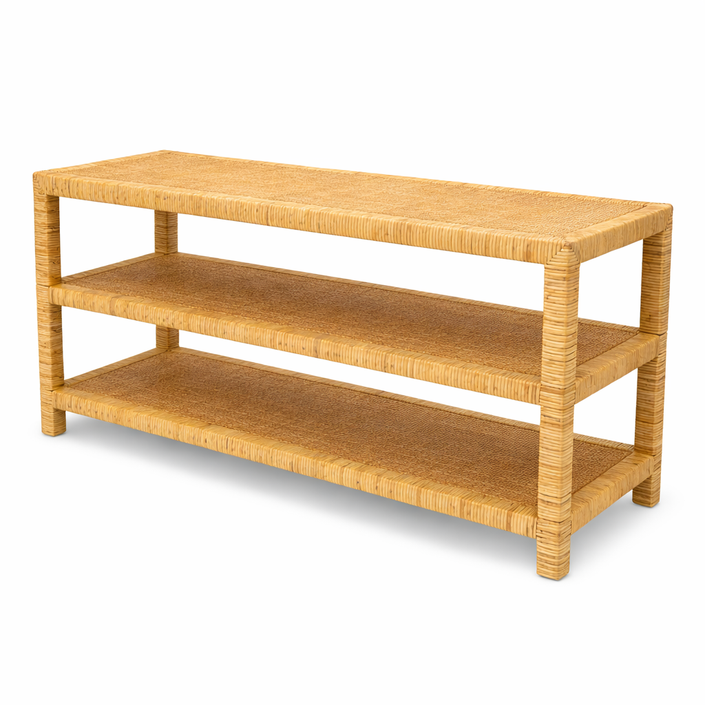 Wicker console table with three shelves on a white background