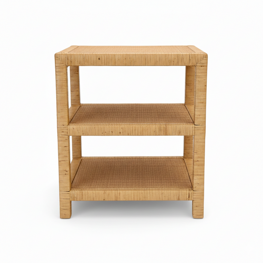 Wicker side table with two shelves on a white background