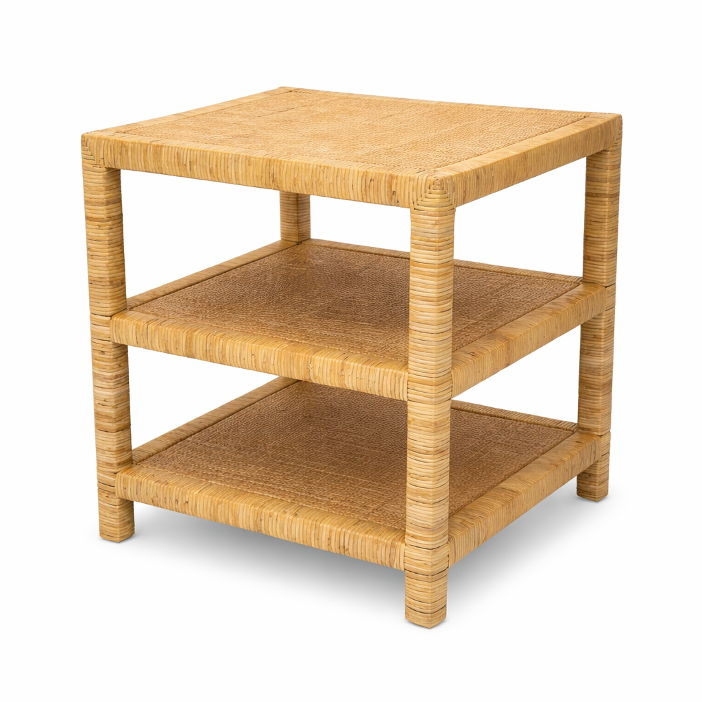 Wicker side table with three shelves on a white background
