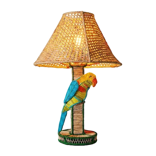 Table lamp with a wicker shade and parrot design on a white background