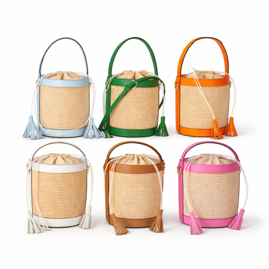 Set of six woven bags with colorful handles and tassels on a white background