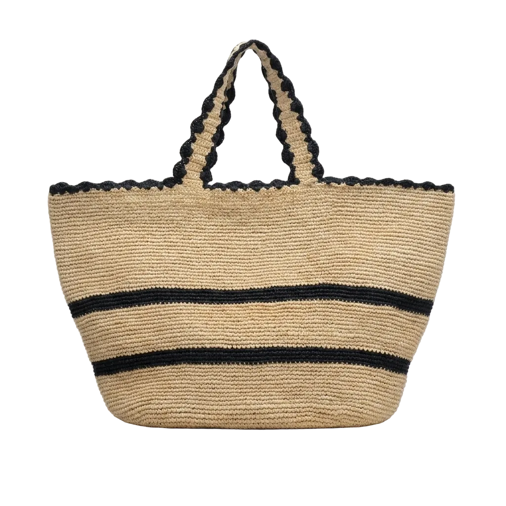 A woven straw tote bag with black horizontal stripes and matching black braided shoulder straps, shown against a plain white background.