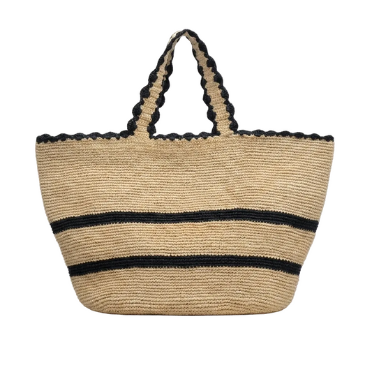 A woven straw tote bag with black horizontal stripes and matching black braided shoulder straps, shown against a plain white background.