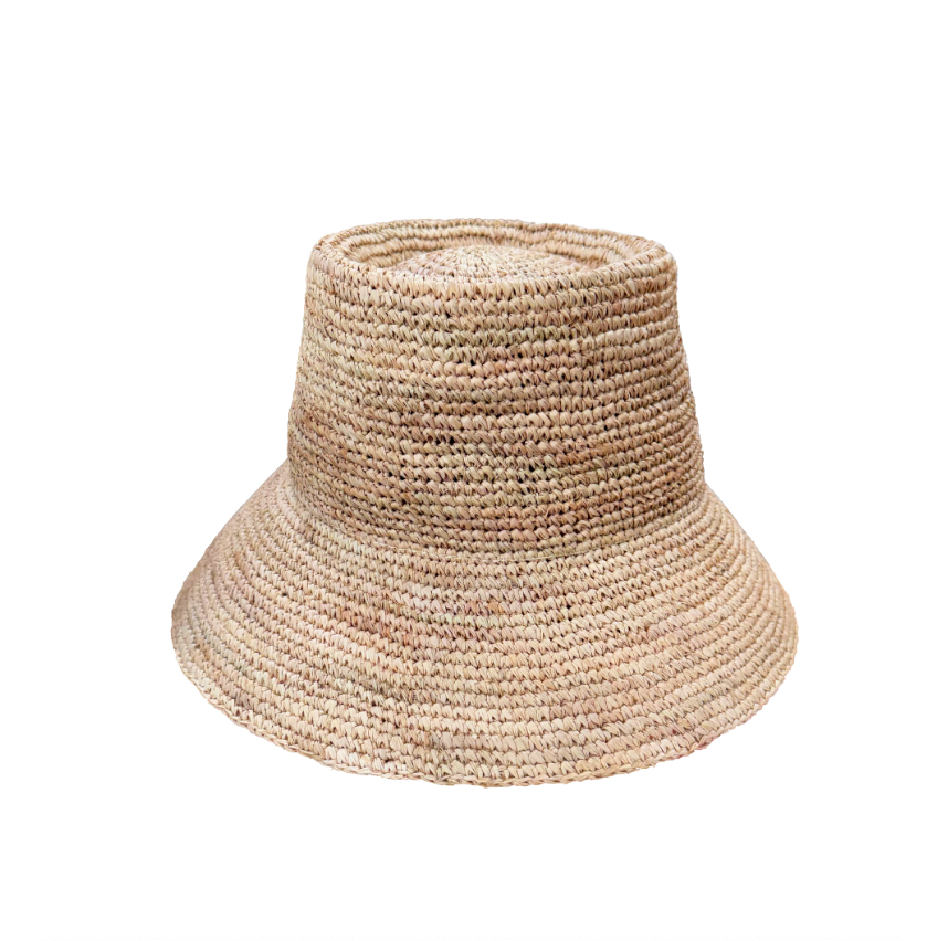 Beige woven bucket hat on a white background