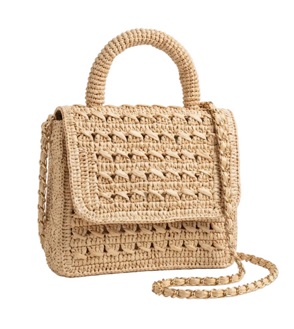 Beige woven handbag with a chain strap on a light gray background